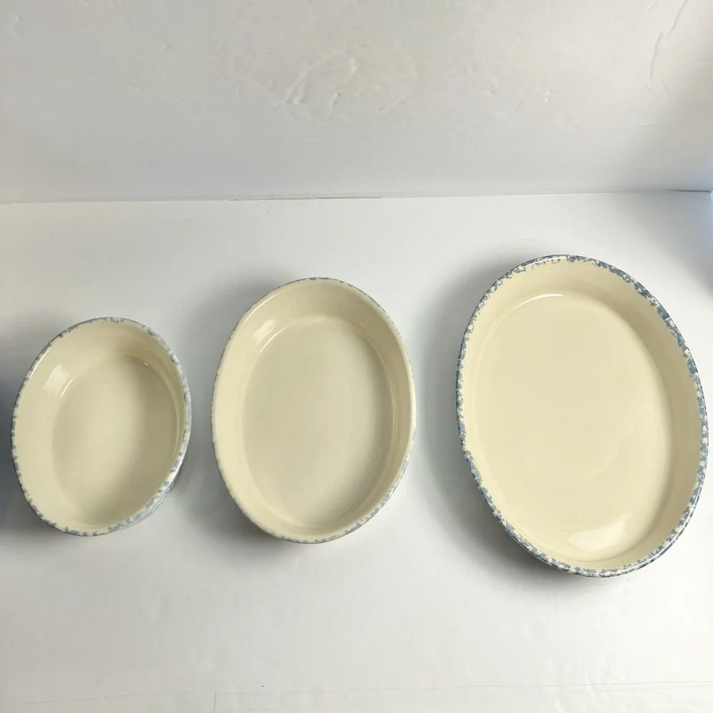 Workshops of Gerald Henn Blue Spongeware. Oval Baker set 7 1/2, 9 1/2